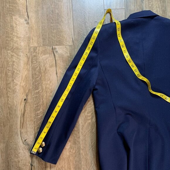 Vintage 80s 90s Double Breasted Navy Blue Wool Structured Long Blazer - Picture 12 of 13